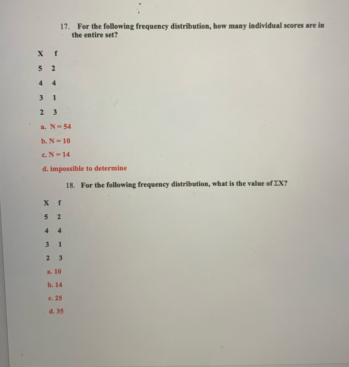 17. For the following frequency distribution, how many individual scores are in
the entire set?
X f
4.
4.
1
2
3
a. N=54
b. N=10
c. N=14
d. impossible to determine
18. For the following frequency distribution, what is the value of EX?
X f
5 2
4
4
3.
1
2
3.
а. 10
b. 14
с. 25
d. 35
