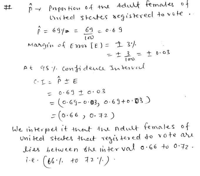 P - Propor tion of the Adult females of
United stetes segistered to vote .
P = 69/2 =
69
- 0.6 9
%3D
こ
lo0
Margi'n of Eos [E) = I 3).
ニナ3
= + 0.03
lo0
At 951. Confideuce Intesvel
C-I =
*さE
= 0.69 + o·03
= (0.69-0.03, 0.69+0.03)
- (0-66 , 0. 72)
%3D
Wle in ter pret it that tne Adult fe males of
Uni ted sttes thet regis texed do vote ari
lies between the inhter val o·66 to 0.72.
i-e. (66-1. to 72'/.)·
7:)
