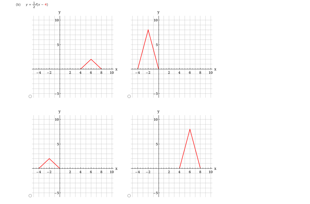 (b)
y = (X-4)
O
-4 -2
-4
-2
y
10
5
5
y
D
10
5
-5
2
2
4
4
6
6
8
8
+x
10
10
X
-4
-4
-2
-2
y
아
10
5
5
y
10
5
5
2
2
4
4
6
6
8
8
+ X
10
10
X