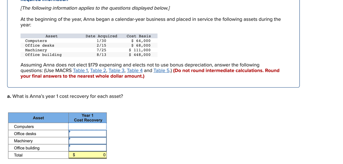 [The following information applies to the questions displayed below.]
At the beginning of the year, Anna began a calendar-year business and placed in service the following assets during the
year:
Date Acquired
1/30
Asset
Cost Basis
$ 64,000
$ 68,000
$ 111,000
$ 448,000
Computers
Office desks
2/15
Machinery
Office building
7/25
8/13
Assuming Anna does not elect §179 expensing and elects not to use bonus depreciation, answer the following
questions: (Use MACRS Table 1, Table 2, Table 3, Table 4 and Table 5.) (Do not round intermediate calculations. Round
your final answers to the nearest whole dollar amount.)
a. What is Anna's year 1 cost recovery for each asset?
Year 1
Asset
Cost Recovery
Computers
Office desks
Machinery
Office building
Total
$
