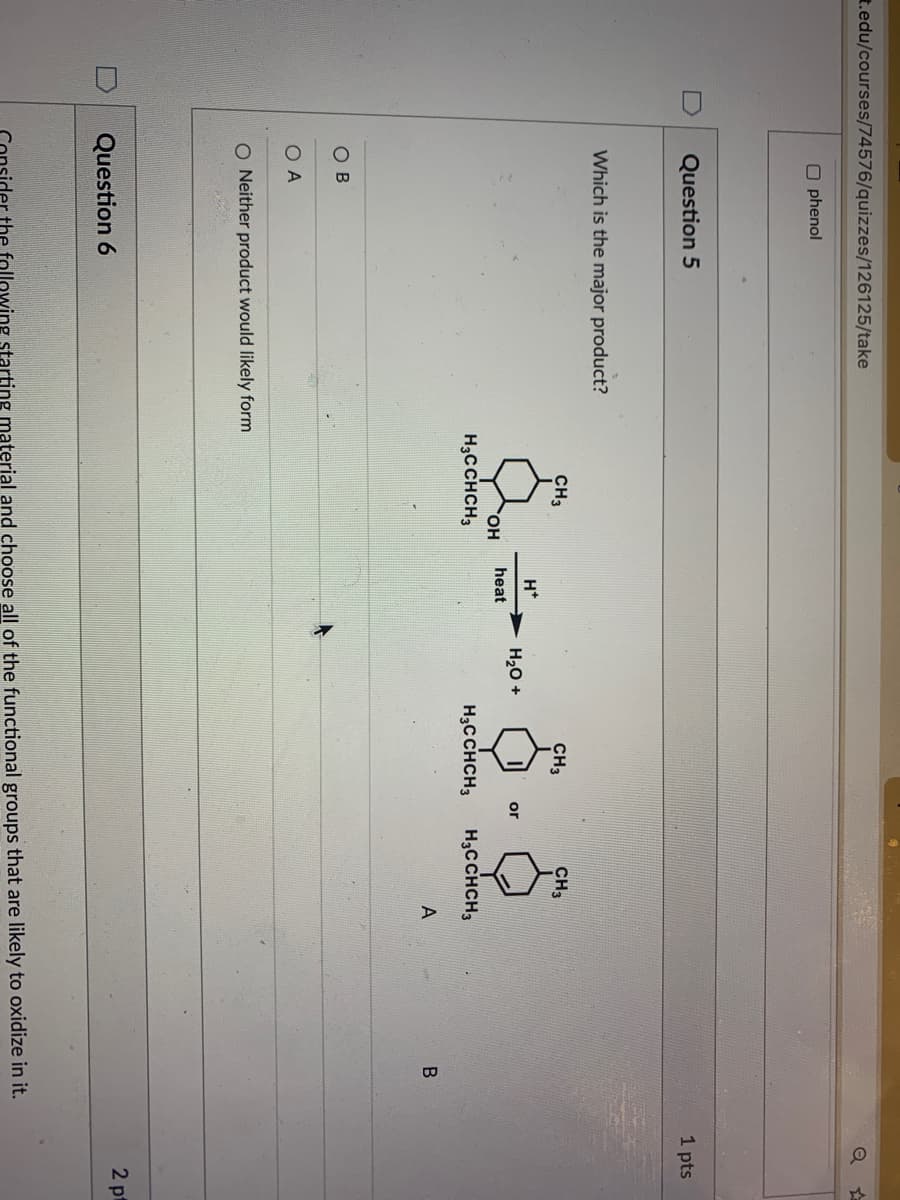 t.edu/courses/74576/quizzes/126125/take
O phenol
Question 5
1 pts
Which is the major product?
CH3
CH3
CH3
H*
H20 +
or
heat
OH
H;CCHCH3
H3CCHCH3
H3CCHCH3
A
O B
O A
O Neither product would likely form
2 p
Question 6
nsider the following starting material and choose all of the functional groups that are likely to oxidize in it.
