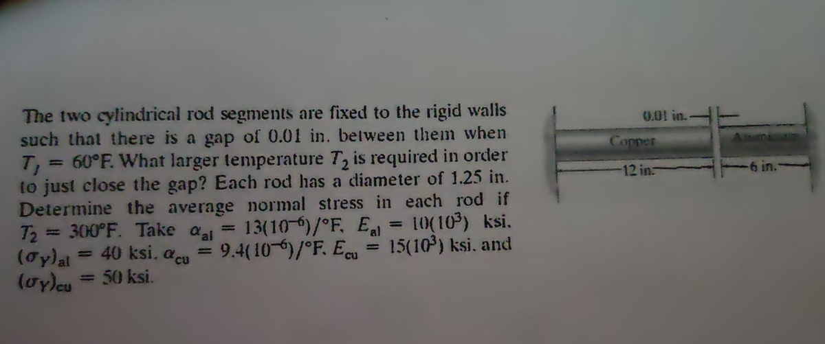 The two cylindrical rod segments are fixed to the rigid walls
such that there is a gap of 0.01 in. between them when
T₁ = 60°F. What larger temperature T₂ is required in order
to just close the gap? Each rod has a diameter of 1.25 in.
Determine the average normal stress in each rod if
T₂ al
= 300°F. Take a = 13(106)/°F, E = 10(10³) ksi.
9.4(10)/°F. Ecu 15(10³) ksi, and
= 40 ksi. acu
(y)al
(vy)cu <= 50 ksi.
Copper
-12 in