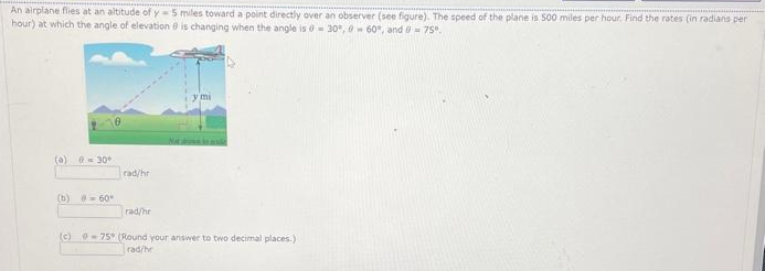 An airplane flies at an altitude of y 5 miles toward a point directly over an observer (see figure). The speed of the plane is 500 miles per hour. Find the rates (in radians per
hour) at which the angle of elevation is changing when the angle is 0-30°, 60°, and 0 = 75°
(ə) @ = 30°
(b) = 60°
rad/hr
Not
rad/hr
(c)-75 (Round your answer to two decimal places.)
rad/hr