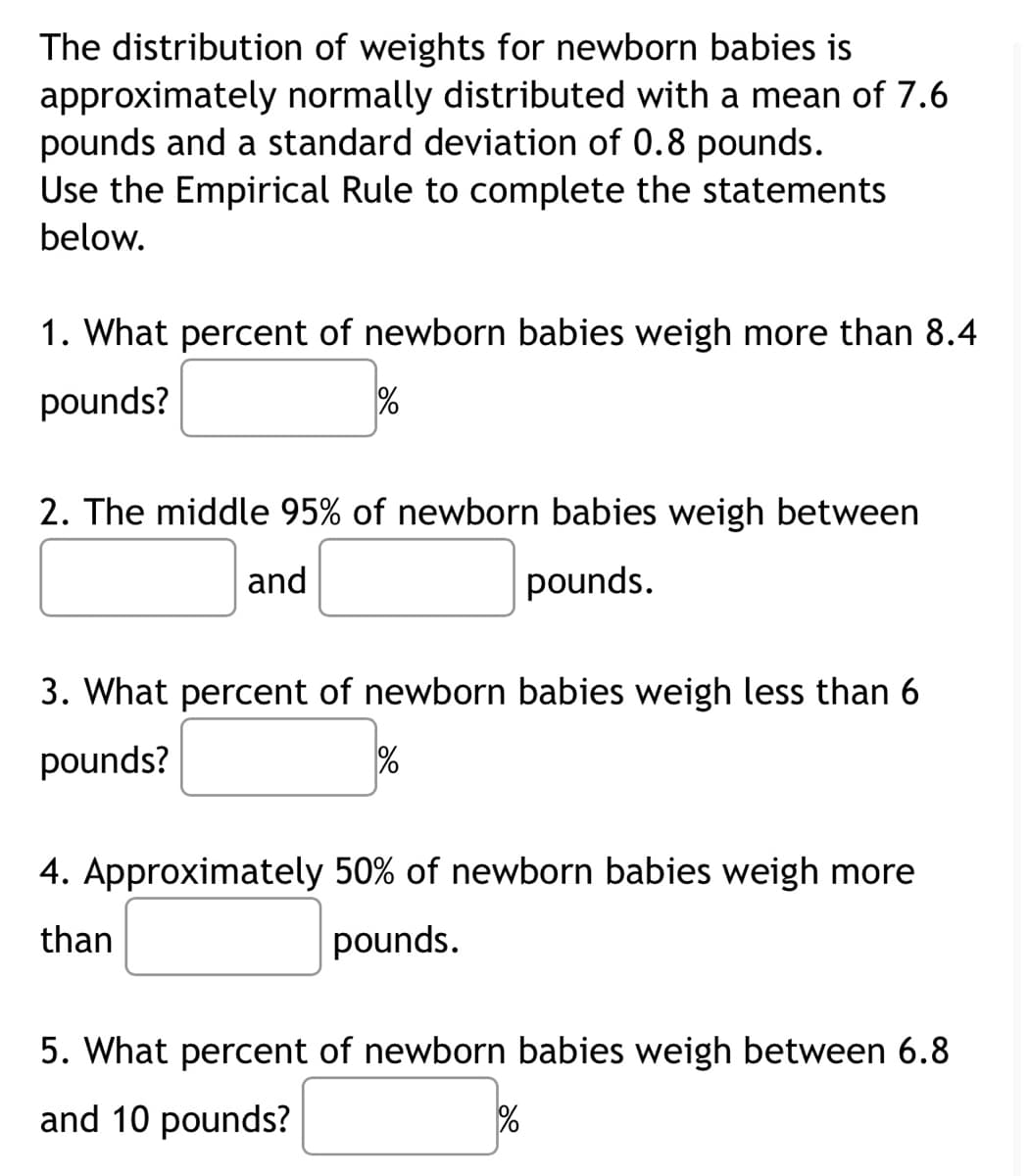 The distribution of weights for newborn babies is
approximately normally distributed with a mean of 7.6
pounds and a standard deviation of 0.8 pounds.
Use the Empirical Rule to complete the statements
below.
1. What percent of newborn babies weigh more than 8.4
pounds?
%
2. The middle 95% of newborn babies weigh between
and
pounds.
3. What percent of newborn babies weigh less than 6
pounds?
%
4. Approximately 50% of newborn babies weigh more
than
pounds.
5. What percent of newborn babies weigh between 6.8
and 10 pounds?
%