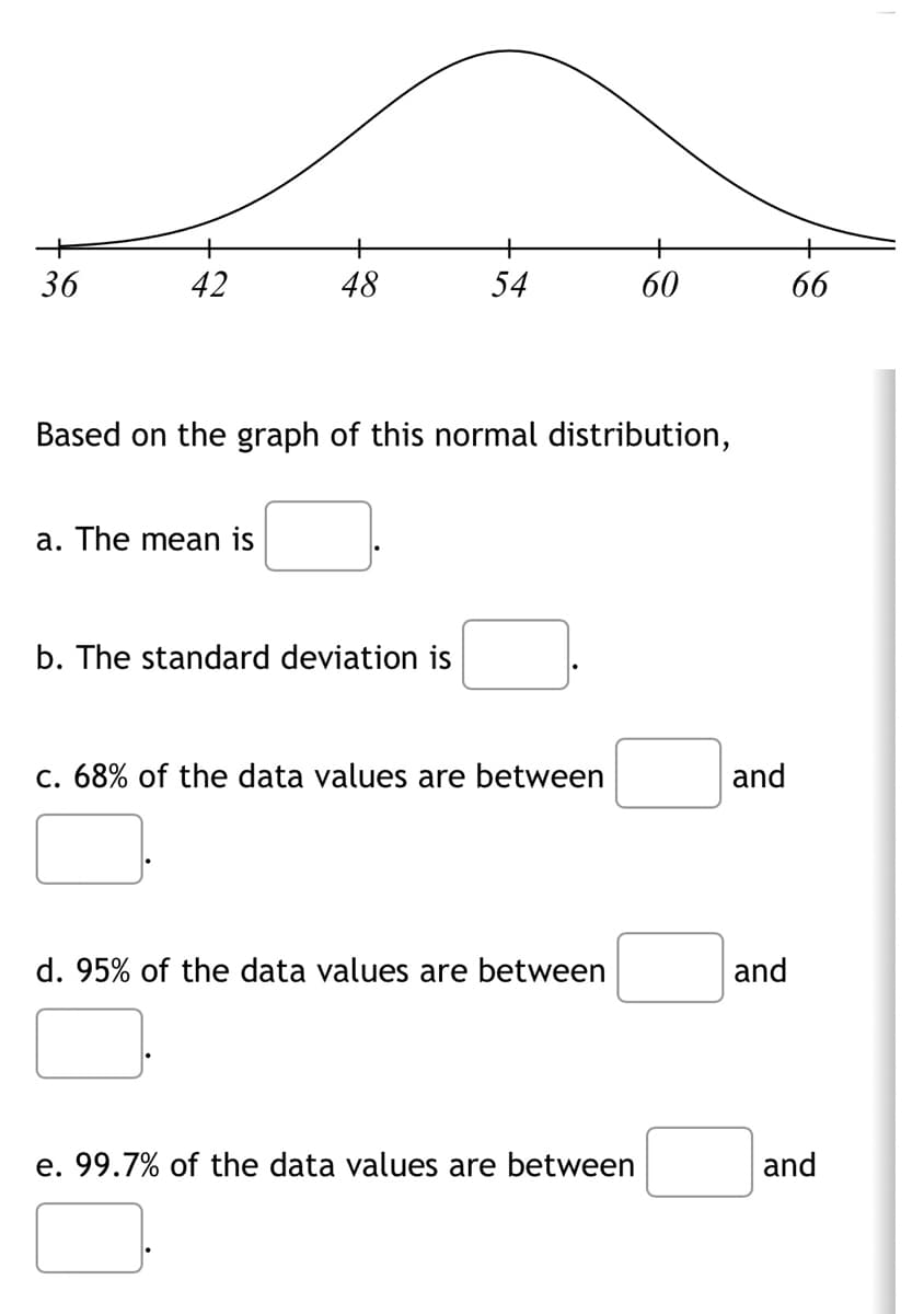 36
42
48
a. The mean is
54
Based on the graph of this normal distribution,
b. The standard deviation is
c. 68% of the data values are between
d. 95% of the data values are between
60
e. 99.7% of the data values are between
and
and
66
and