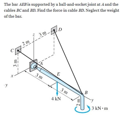 The bar AEB is supported by a ball-and-socket joint at A and the
cables BC and BD. Find the force in cable BD. Neglect the weight
of the bar.
D
3 m.
2 m
3 m
E
3 m
4 kN
3 kN•m
2 m
B.
