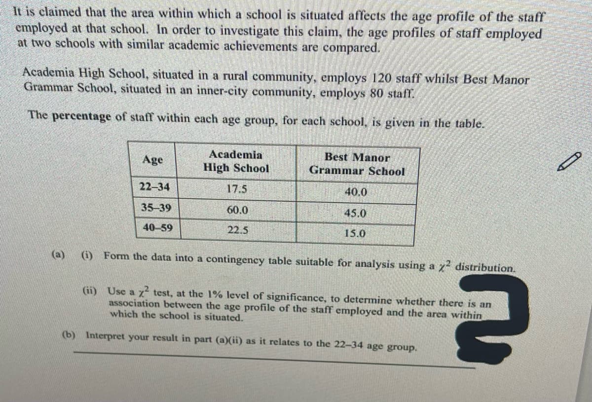 It is claimed that the area within which a school is situated affects the age profile of the staff
employed at that school. In order to investigate this claim, the age profiles of staff employed
at two schools with similar academic achievements are compared.
Academia High School, situated in a rural community, employs 120 staff whilst Best Manor
Grammar School, situated in an inner-city community, employs 80 staff.
The percentage of staff within each age group, for each school, is given in the table.
(a)
Age
22-34
35-39
40-59
Academia
High School
17.5
60.0
22.5
Best Manor
Grammar School
40.0
45.0
15.0
(i) Form the data into a contingency table suitable for analysis using a x² distribution.
(ii) Use a x2 test, at the 1% level of significance, to determine whether there is an
association between the age profile of the staff employed and the area within
which the school is situated.
(b) Interpret your result in part (a)(ii) as it relates to the 22-34 age group.