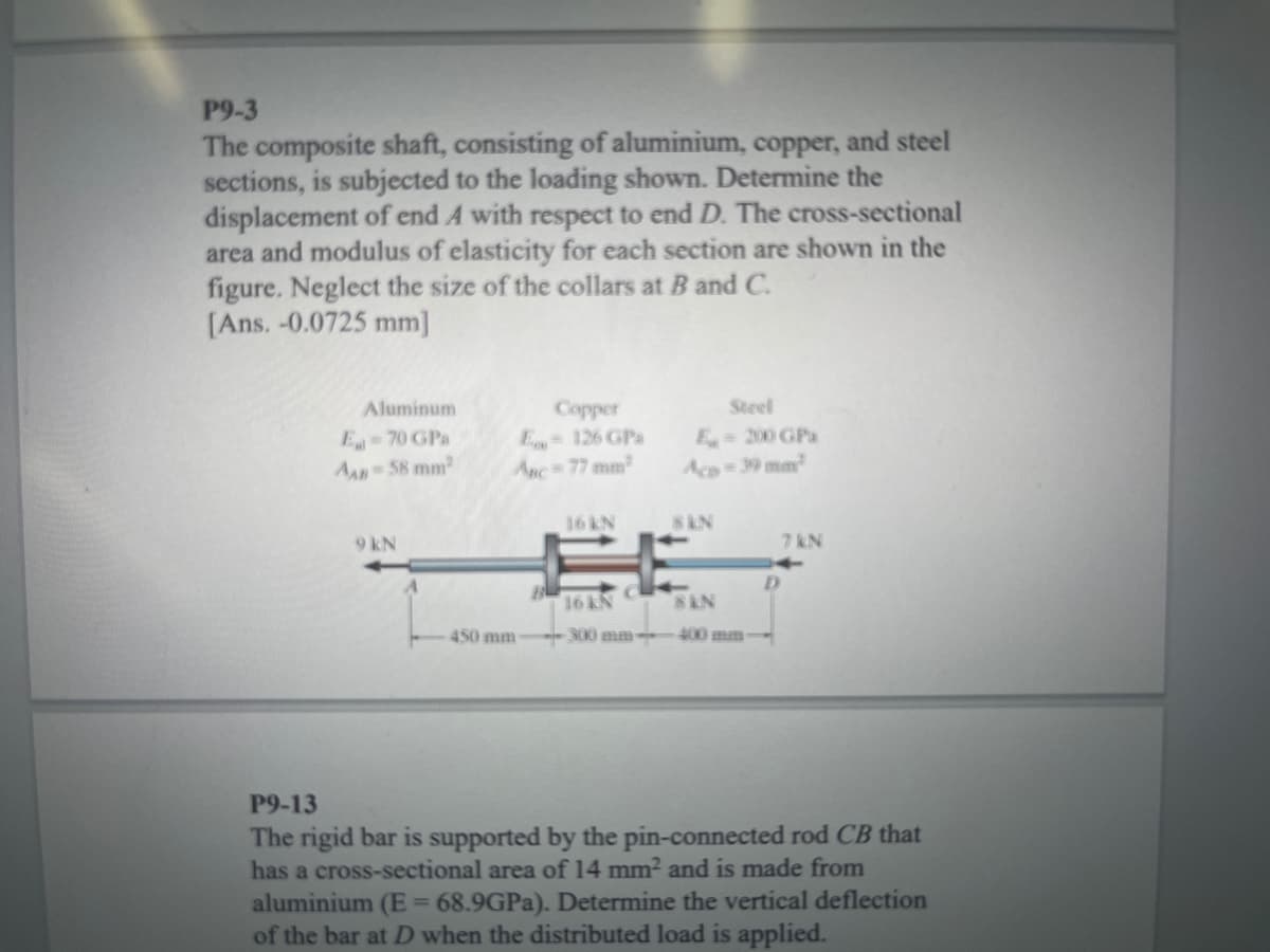 P9-3
The composite shaft, consisting of aluminium, copper, and steel
sections, is subjected to the loading shown. Determine the
displacement of end A with respect to end D. The cross-sectional
area and modulus of elasticity for each section are shown in the
figure. Neglect the size of the collars at B and C.
[Ans. -0.0725 mm]
Aluminum
Copper
Steel
E70 GPa
AAn 58 mm2
E126 GPa
Anc=77 mm2
E= 200 GPa
Acp = 39 mm²
16 KN
SAN
9 kN
7 kN
16 KN
SAN
450 mm
300 mm--400 mm--
P9-13
The rigid bar is supported by the pin-connected rod CB that
has a cross-sectional area of 14 mm2 and is made from
aluminium (E= 68.9GPA). Determine the vertical deflection
of the bar at D when the distributed load is applied.
