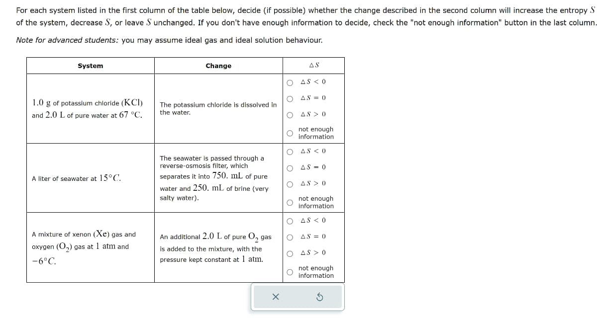 For each system listed in the first column of the table below, decide (if possible) whether the change described in the second column will increase the entropy S
of the system, decrease S, or leave S unchanged. If you don't have enough information to decide, check the "not enough information" button in the last column.
Note for advanced students: you may assume ideal gas and ideal solution behaviour.
System
1.0 g of potassium chloride (KCI)
and 2.0 L of pure water at 67 °C.
A liter of seawater at 15°C.
A mixture of xenon (Xe) gas and
oxygen (O₂) gas at 1 atm and
-6°C.
Change
The potassium chloride is dissolved in
the water.
The seawater is passed through a
reverse-osmosis filter, which
separates it into 750. mL of pure
water and 250. mL of brine (very
salty water).
An additional 2.0 L of pure O₂ gas
is added to the mixture, with the
pressure kept constant at 1 atm.
X
O
AS < 0
O
AS = 0
O AS> 0
AS
O
not enough
information
O AS < 0
O AS = 0
O
AS> 0
not enough
information
O
AS < 0
O AS = 0
O
AS > 0
not enough
information
Ś