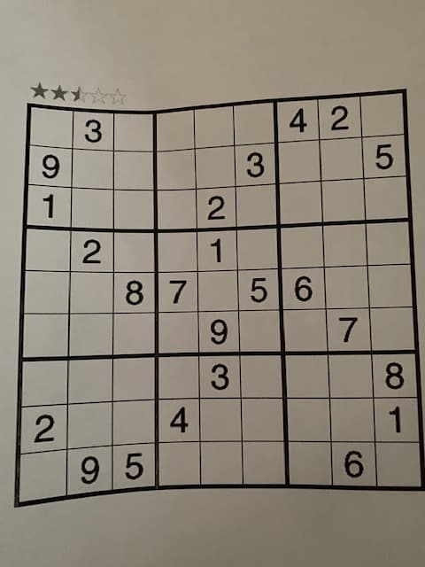 The image depicts a Sudoku puzzle with a slightly irregular grid, designed to be a moderate challenge, as suggested by the two and a half stars in the top left corner.

### Description of the Sudoku Puzzle:

- **Grid Layout**: The puzzle consists of a 9x9 grid, divided into nine 3x3 subgrids. The grid features a slight wave distortion in its vertical lines, giving it an aesthetic appeal.

- **Pre-filled Numbers**: The following numbers are provided as clues in the puzzle:
  - Row 1: Empty
  - Row 2: 3 in 1st column, 4 in 4th column, 2 in 5th column, 5 in 9th column
  - Row 3: 9 in 1st column, 3 in 5th column
  - Row 4: 1 in 1st column, 2 in 3rd column
  - Row 5: 2 in 1st column, 8 in 3rd column, 7 in 4th column, 5 in 6th column, 6 in 7th column
  - Row 6: 9 in 5th column, 7 in 8th column
  - Row 7: 3 in 3rd column, 8 in 9th column
  - Row 8: 2 in 1st column, 4 in 3rd column
  - Row 9: 9 in 1st column, 5 in 2nd column, 6 in 9th column

### Instructions for Solving:

- **Objective**: Fill in the empty cells so that each row, each column, and each 3x3 subgrid contains the numbers 1 through 9, without repeating any numbers.

- **Strategy Tips**: 
  - Use logic and process of elimination to determine the placement of numbers.
  - Focus on rows, columns, or subgrids with the most filled cells to make initial placements easier.
  - Remember that each number can only appear once in each specified area (row, column, subgrid).

This puzzle is ideal for enhancing logical thinking and concentration skills. Enjoy the challenge!