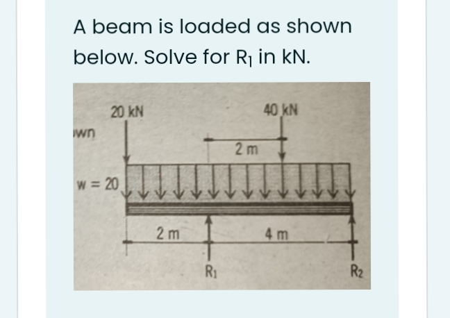 A beam is loaded as shown
below. Solve for Rj in kN.
20 kN
40 kN
wn
2 m
w = 20
2 m
4 m
R1
R2
