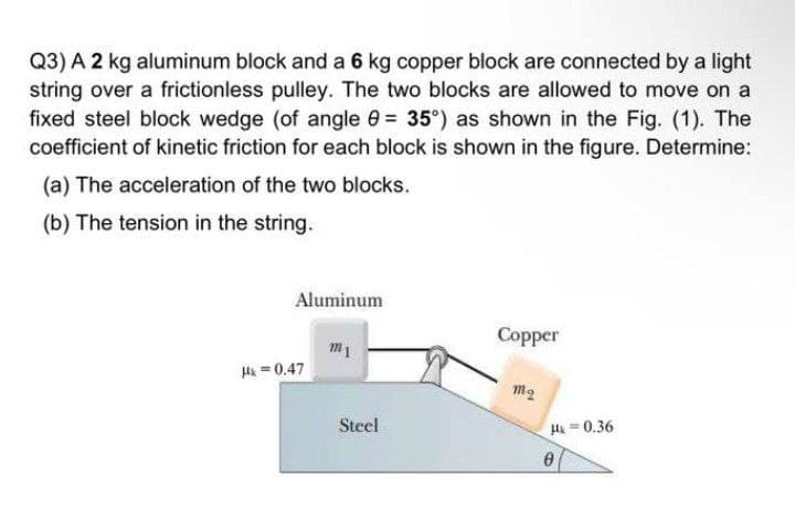 Q3) A 2 kg aluminum block and a 6 kg copper block are connected by a light
string over a frictionless pulley. The two blocks are allowed to move on a
fixed steel block wedge (of angle 0= 35°) as shown in the Fig. (1). The
coefficient of kinetic friction for each block is shown in the figure. Determine:
(a) The acceleration of the two blocks.
(b) The tension in the string.
Aluminum
Copper
m1
Hi = 0.47
Steel
H = 0.36
