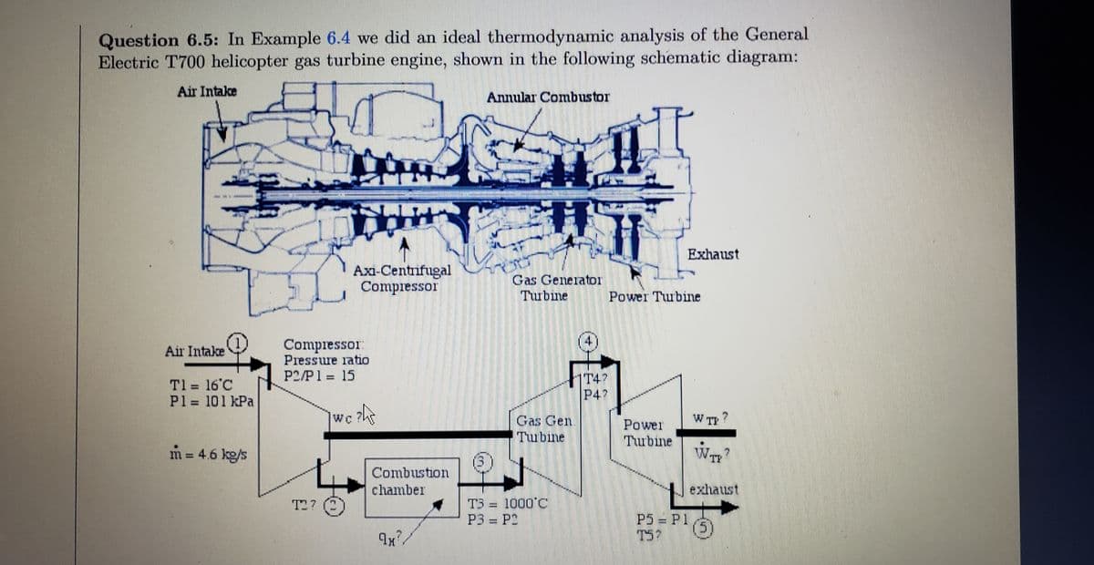Question 6.5: In Example 6.4 we did an ideal thermodynamic analysis of the General
Electric T700 helicopter gas turbine engine, shown in the following schematic diagram:
Air Intake
Annular Combustor
TI
Exhaust
Axi-Centrifugal
Compressor
Gas Generator
Turbine
4
+1T47
P47
Air Intake
T1 = 16 C
Pl= 101 kPa
m = 4.6 kg/s
Compressor:
Pressure ratio
PL/P1= 15
verks
TO?
we
Combustion
chamber
9x
Gas Gen
Tubine
3
TB = 1000 C
P3 = P_
Power Turbine
Power
Trubine
P5 = P1
752
7
WTF
erdhaust
Ⓡ