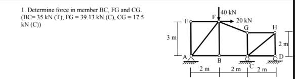 1. Determine force in member BC, FG and CG.
(BC= 35 kN (T), FG = 39.13 kN (C), CG= 17.5
kN (C))
3 m
Eg
2m
40 KN
B
-20 kN
G
2m
2 m
H
2 m