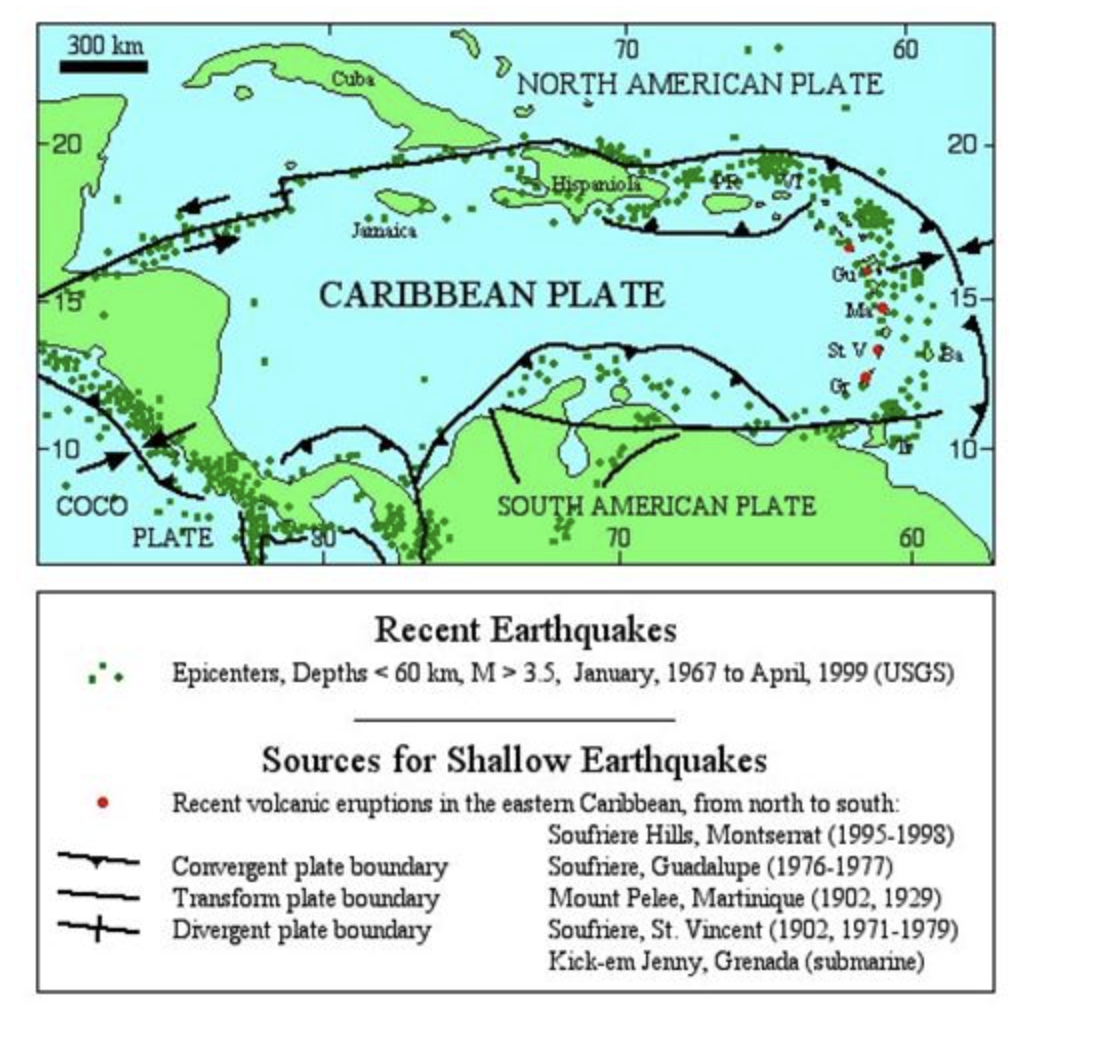 70
NORTH AMERICAN PLATE
300 km
60
Cuba
20
20
Bispaniol
Jumaica
Gu
CARIBBEAN PLATE
St V
10
10-
Coco
PLATE
SOUTH AMERICAN PLATE
* 70
60
Recent Earthquakes
Epicenters, Depths < 60 km, M > 3.5, January, 1967 to April, 1999 (USGS)
Sources for Shallow Earthquakes
Recent volcanic eruptions in the eastem Canbbean, from north to south:
Soufriere Hills, Montsemat (1995-1998)
Soufriere, Guaclalupe (1976-1977)
Mount Pelee, Martinique (1902, 1929)
Soufriere, St. Vincent (1902, 1971-1979)
Kick-em Jenny, Grenacla (submarine)
Convergent plate boundary
Transform plate boundary
Divergent plate boundary
