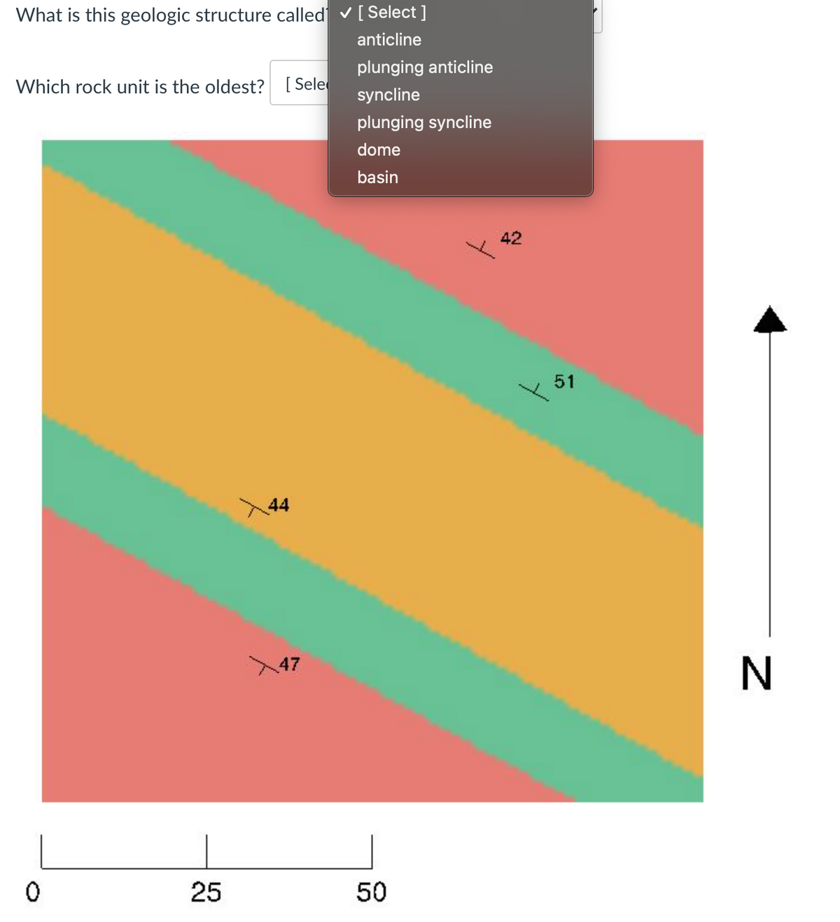 What is this geologic structure called v[ Select ]
anticline
plunging anticline
Which rock unit is the oldest? [ Sele
syncline
plunging syncline
dome
basin
42
51
44
N
47
25
50
