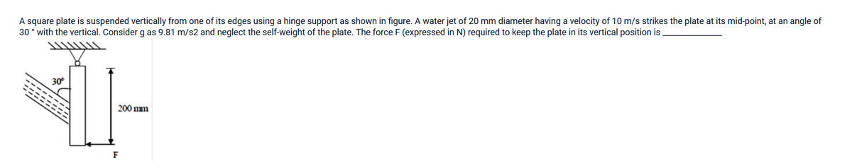 A square plate is suspended vertically from one of its edges using a hinge support as shown in figure. A water jet of 20 mm diameter having a velocity of 10 m/s strikes the plate at its mid-point, at an angle of
30° with the vertical. Consider g as 9.81 m/s2 and neglect the self-weight of the plate. The force F (expressed in N) required to keep the plate in its vertical position is
30°
200 mm
F