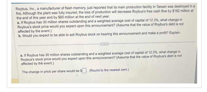 Roybus, Inc., a manufacturer of flash memory, just reported that its main production facility in Taiwan was destroyed in a
fire. Although the plant was fully insured, the loss of production will decrease Roybus's free cash flow by $182 million at
the end of this year and by $60 million at the end of next year.
a. If Roybus has 30 million shares outstanding and a weighted average cost of capital of 12.3%, what change in
Roybus's stock price would you expect upon this announcement? (Assume that the value of Roybus's debt is not
affected by the event.)
b. Would you expect to be able to sell Roybus stock on hearing this announcement and make a profit? Explain.
a. If Roybus has 30 million shares outstanding and a weighted average cost of capital of 12.3%, what change in
Roybus's stock price would you expect upon this announcement? (Assume that the value of Roybus's debt is not
affected by the event.)
The change in price per share would be $
(Round to the nearest cent.)