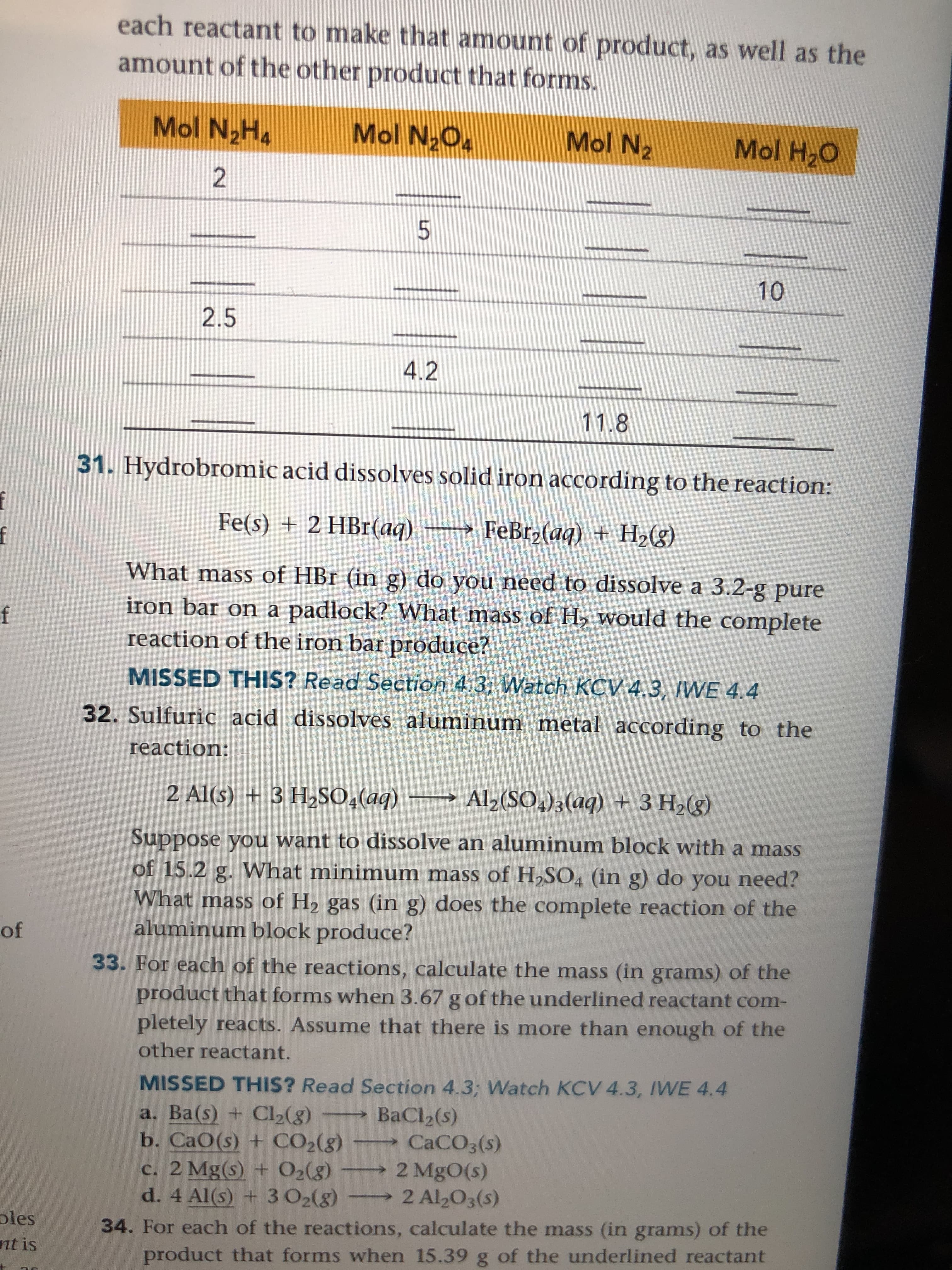 Hydrobromic acid dissolves solid iron according to the reaction:
Fe(s) + 2 HBr(aq)
→ FeBr2(aq) + H2(g)
What mass of HBr (in g) do you need to dissolve a 3.2-g pure
iron bar on a padlock? What mass of H, would the complete
reaction of the iron bar produce?
