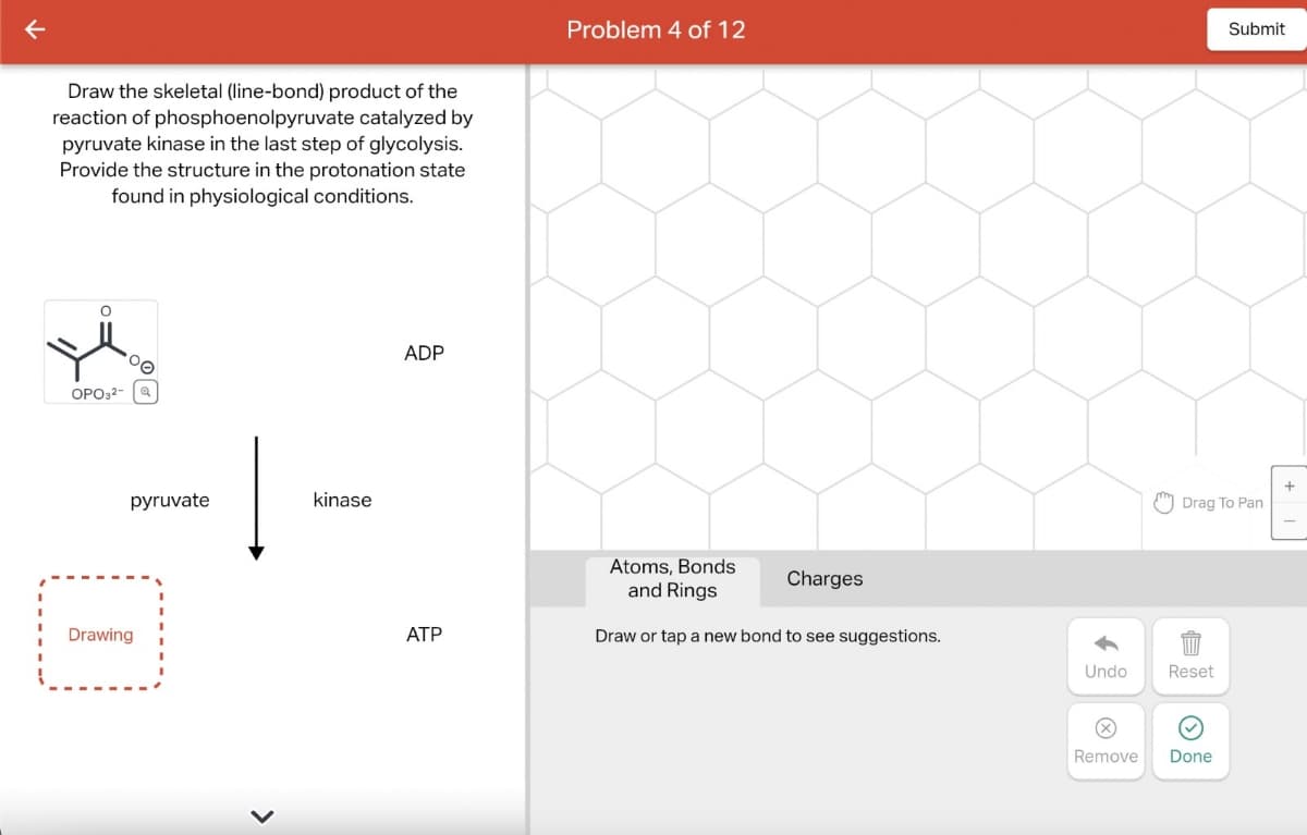 Draw the skeletal (line-bond) product of the
reaction of phosphoenolpyruvate catalyzed by
pyruvate kinase in the last step of glycolysis.
Provide the structure in the protonation state
found in physiological conditions.
OPO32- Q
Drawing
pyruvate
kinase
ADP
ATP
Problem 4 of 12
Submit
Atoms, Bonds
and Rings
Charges
Draw or tap a new bond to see suggestions.
Drag To Pan
Undo
Reset
Remove
Done