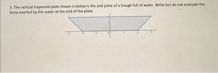 3. The vertical trapezoid plate shown is below is the end plate of a trough full of water. Write but do not evaluate the
force exerted by the water at the end of the plate.