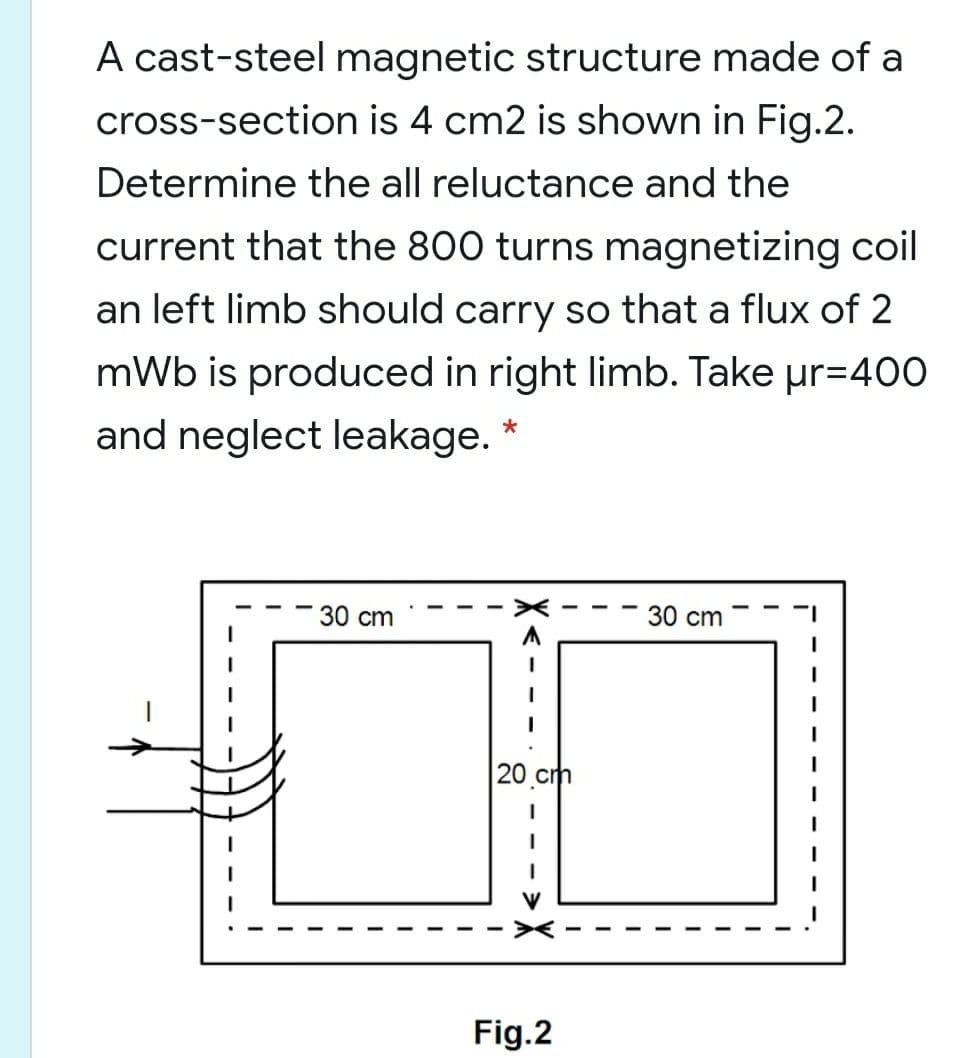 A cast-steel magnetic structure made of a
cross-section is 4 cm2 is shown in Fig.2.
Determine the all reluctance and the
current that the 800 turns magnetizing coil
an left limb should carry so that a flux of 2
mWb is produced in right limb. Take ur=400
and neglect leakage.
30 cm
30 cm
20.cm
Fig.2
