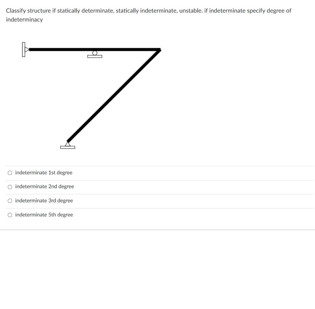 Classify structure if statically determinate, statically indeterminate, unstable. if indeterminate specify degree of
indeterminacy
O indeterminate 1st degree
O indeterminate 2nd degree
indeterminate 3rd degree
O indeterminate 5th degree
