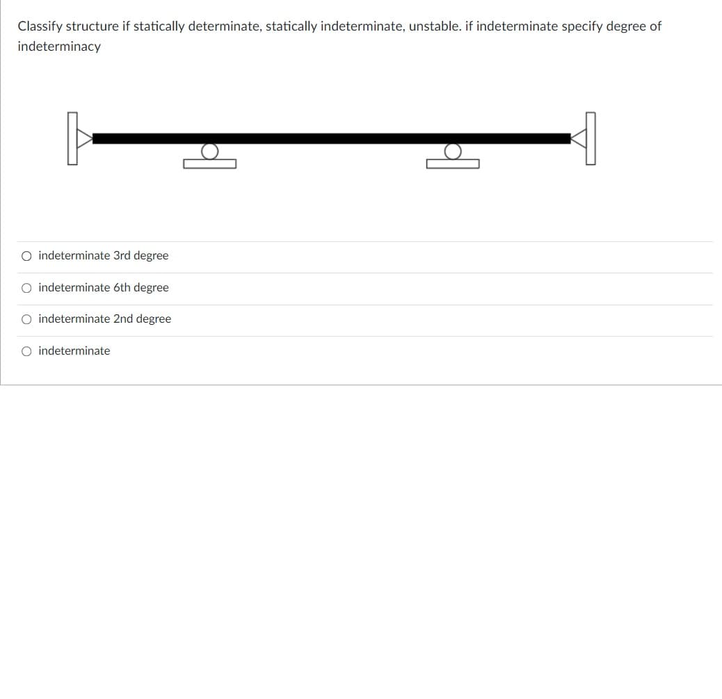 Classify structure if statically determinate, statically indeterminate, unstable. if indeterminate specify degree of
indeterminacy
O indeterminate 3rd degree
O indeterminate 6th degree
O indeterminate 2nd degree
O indeterminate
