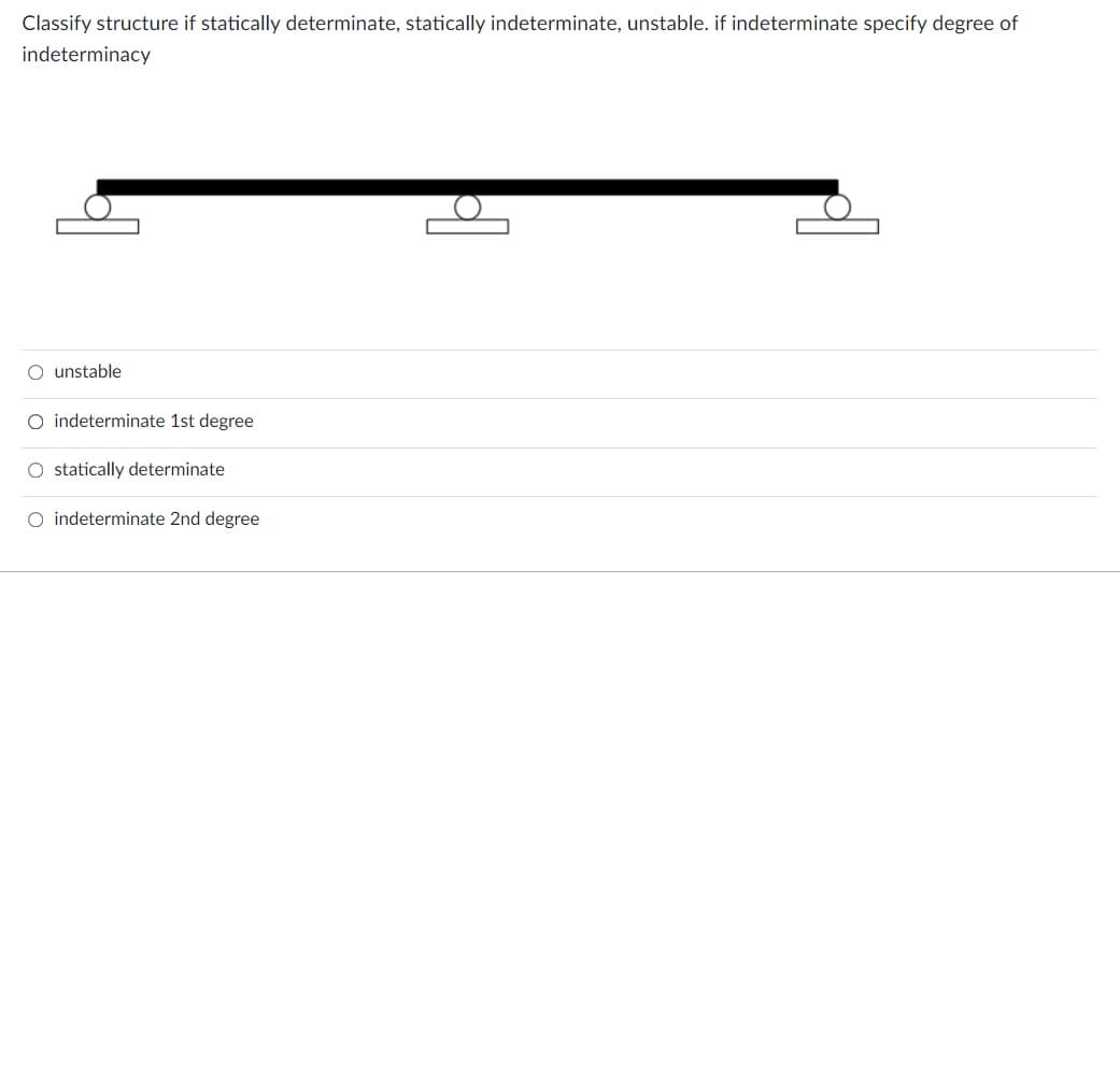 Classify structure if statically determinate, statically indeterminate, unstable. if indeterminate specify degree of
indeterminacy
O unstable
O indeterminate 1st degree
O statically determinate
O indeterminate 2nd degree
