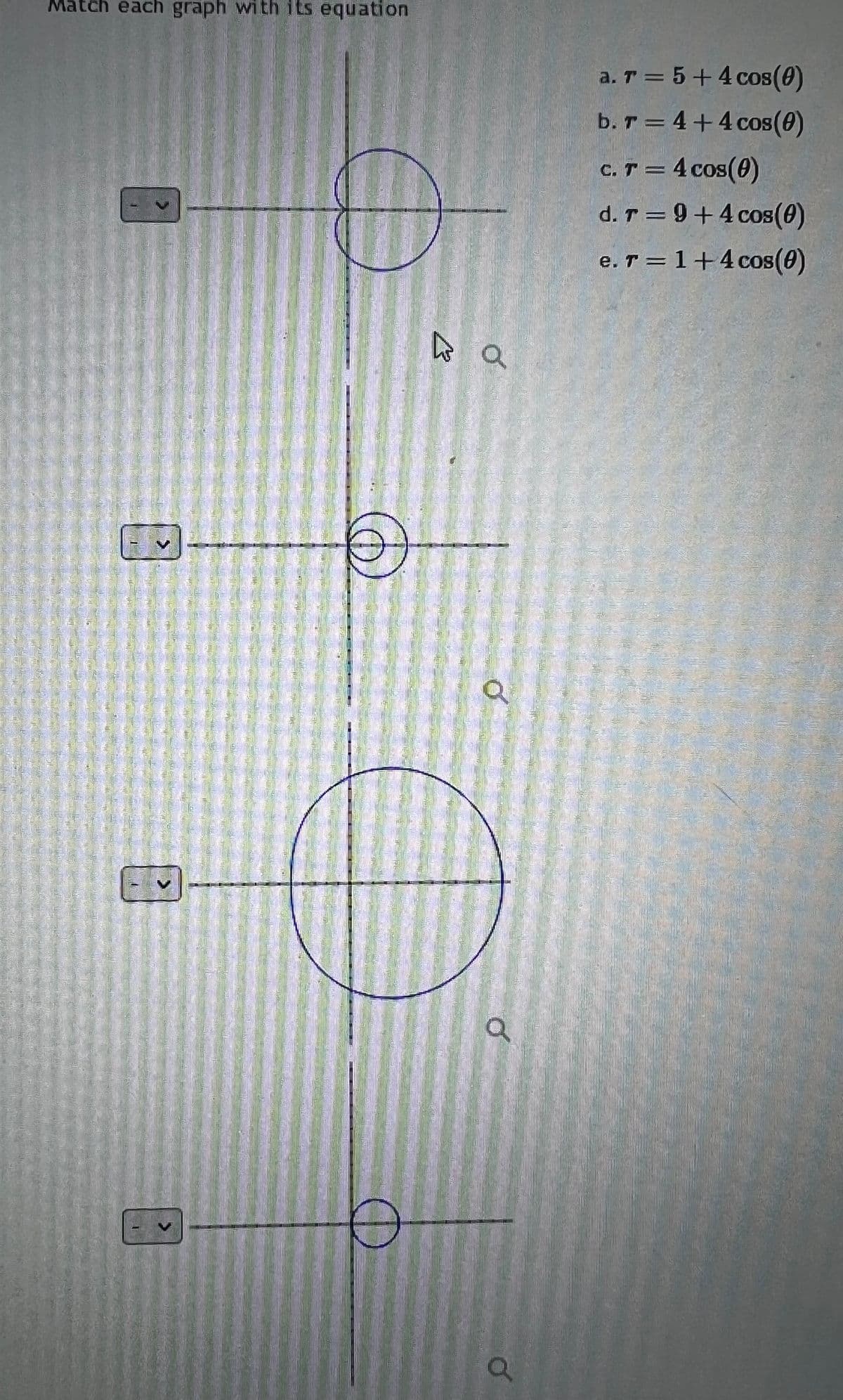 Match each graph with its equation
ET
D
D
Wa
o
Q
Q
a. r = 5 + 4 cos(0)
b. r = 4+4 cos(0)
c. T = 4 cos(0)
d. r = 9+4 cos(0)
e. r = 1+4 cos(0)