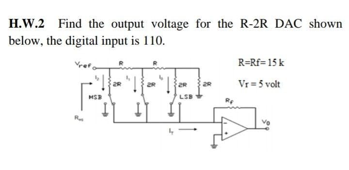 H.W.2 Find the output voltage for the R-2R DAC shown
below, the digital input is 110.
R=Rf= 15 k
2R
Vr = 5 volt
2R
2R
2R
MSB
LSB
Rf
Re
