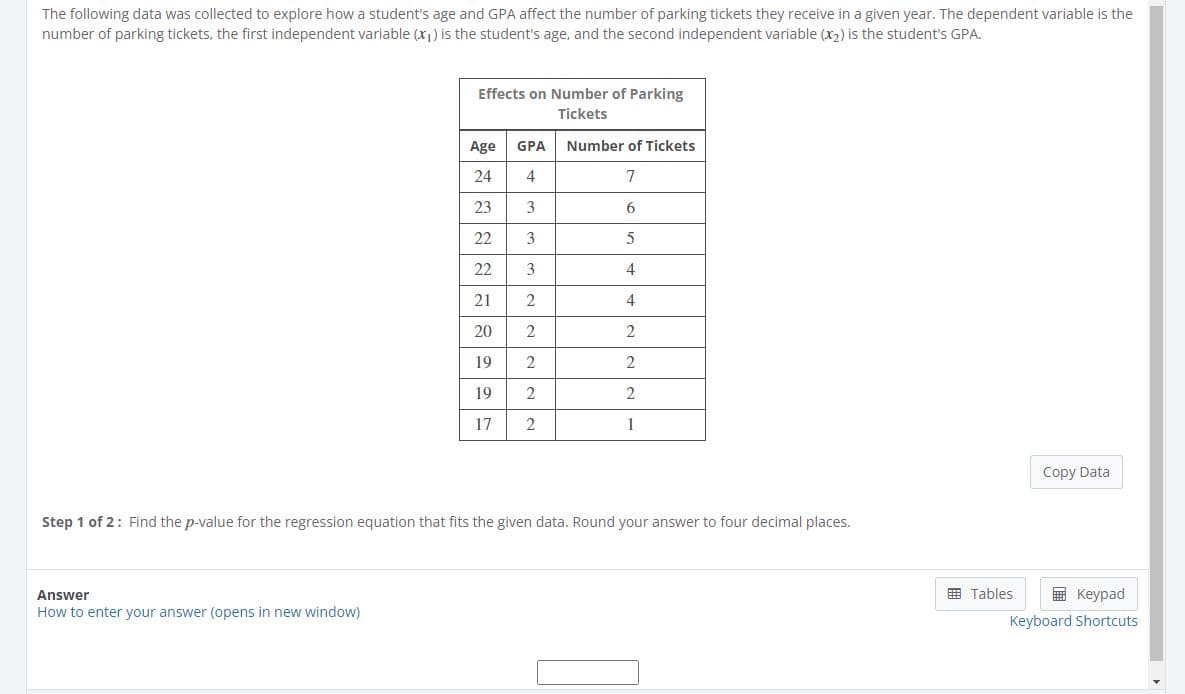 The following data was collected to explore how a student's age and GPA affect the number of parking tickets they receive in a given year. The dependent variable is the
number of parking tickets, the first independent variable (x1) is the student's age, and the second independent variable (x,) is the student's GPA.
Effects on Number of Parking
Tickets
Age
GPA
Number of Tickets
24
4
7
23
3
6
22
3
22
3
4
21
4
20
2
19
2
19
2
17
1
Copy Data
Step 1 of 2: Find the p-value for the regression equation that fits the given data. Round your answer to four decimal places.
Answer
田 Tables
国 Keypad
How to enter your answer (opens in new window)
Keyboard Shortcuts
