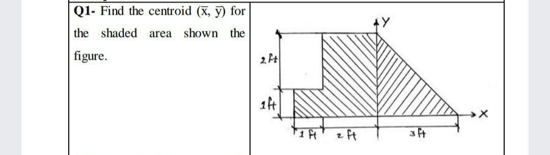 Q1- Find the centroid (x, y) for
the shaded
area shown the
figure.
2 Ft
1ft
z ft
3ft
