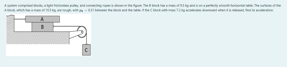 A system comprised blocks, a light frictionless pulley, and connecting ropes is shown in the figure. The B block has a mass of 9.5 kg and is on a perfectly smooth horizontal table. The surfaces of the
A block, which has a mass of 10.5 kg, are rough, with µ = 0.31 between the block and the table. If the C block with mass 7.2 kg accelerates downward when it is released, find its acceleration.
A
C.
