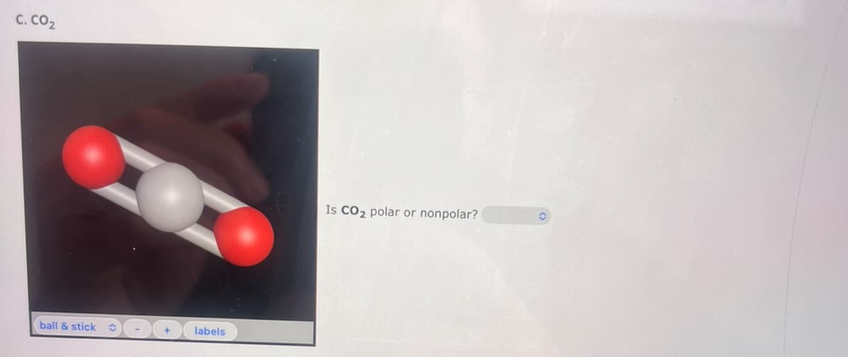 C. CO₂
ball & stick
labels
Is CO2 polar or nonpolar?