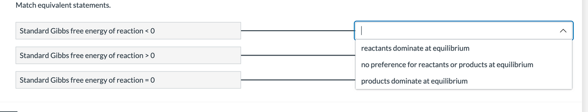 Match equivalent statements.
Standard Gibbs free energy of reaction < 0
reactants dominate at equilibrium
Standard Gibbs free energy of reaction > 0
no preference for reactants or products at equilibrium
Standard Gibbs free energy of reaction = 0
products dominate at equilibrium
