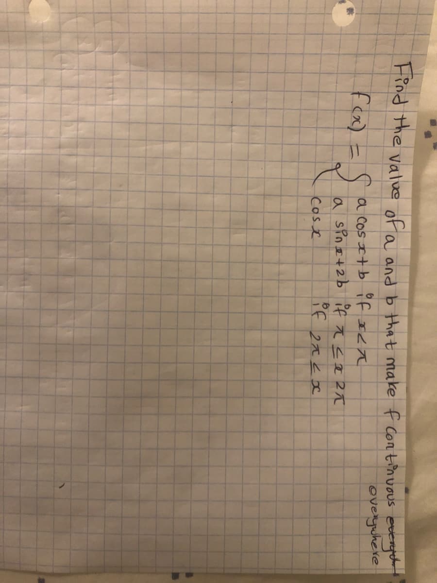 Find the valve of a and b that make f con tinuous etergehe
overywhere
a Cos It bYf I<A
Cos e
