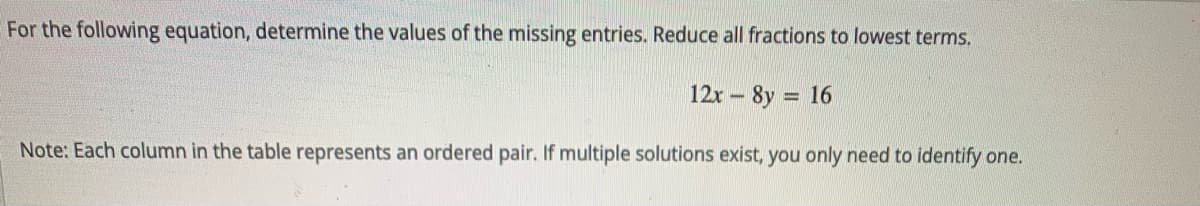 For the following equation, determine the values of the missing entries. Reduce all fractions to lowest terms.
12x-8y 16
Note: Each column in the table represents an ordered pair. If multiple solutions exist, you only need to identify one.
