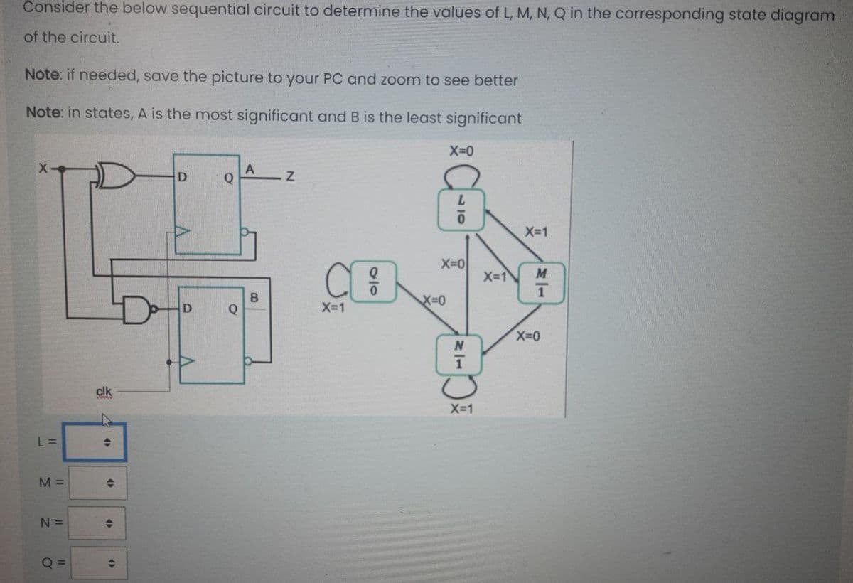 Consider the below sequential circuit to determine the values of L, M, N, Q in the corresponding state diagram
of the circuit.
Note: if needed, save the picture to your PC and zoom to see better
Note: in states, A is the most significant and B is the least significant
X-0
Q
X-1
X-0
X-1
M
X-D0
Q
X-1
clk
X-1
L =
M =
N =
Q =
110
010
