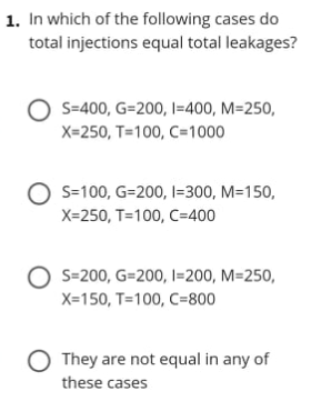 1. In which of the following cases do
total injections equal total leakages?
S=400, G=200, I=400, M=250,
X=250, T=100, C=1000
O S=100, G=200, I=300, M=150,
X=250, T=100, C=400
S=200, G=200, I=200, M=250,
X=150, T=100, C=800
O They are not equal in any of
these cases
