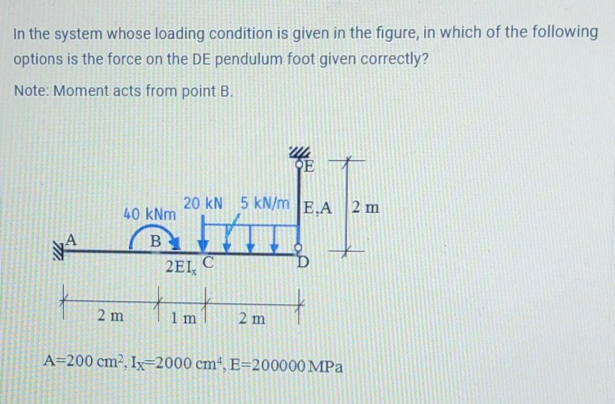 In the system whose loading condition is given in the figure, in which of the following
options is the force on the DE pendulum foot given correctly?
Note: Moment acts from point B.
40 kNm
B
2 m
20 kN 5 kN/m E
2E1 C
1 m
2 m
+
A=200 cm², Ix=2000 cm², E-200000 MPa
2 m