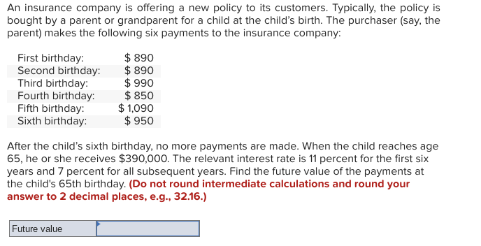 An insurance company is offering a new policy to its customers. Typically, the policy is
bought by a parent or grandparent for a child at the child's birth. The purchaser (say, the
parent) makes the following six payments to the insurance company:
First birthday:
Second birthday:
Third birthday:
Fourth birthday:
Fifth birthday:
Sixth birthday:
$ 890
$ 890
Future value
$ 990
$ 850
$ 1,090
$ 950
After the child's sixth birthday, no more payments are made. When the child reaches age
65, he or she receives $390,000. The relevant interest rate is 11 percent for the first six
years and 7 percent for all subsequent years. Find the future value of the payments at
the child's 65th birthday. (Do not round intermediate calculations and round your
answer to 2 decimal places, e.g., 32.16.)