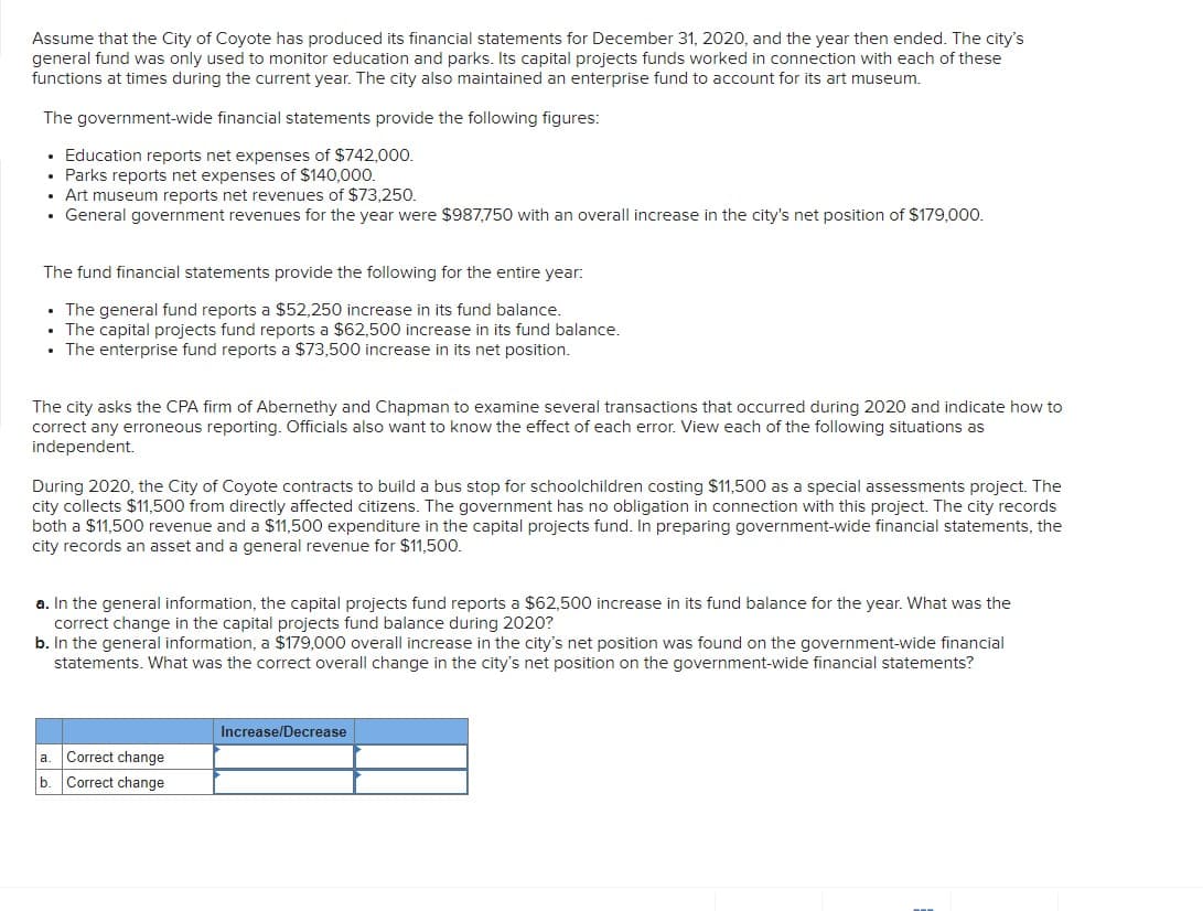 Assume that the City of Coyote has produced its financial statements for December 31, 2020, and the year then ended. The city's
general fund was only used to monitor education and parks. Its capital projects funds worked in connection with each of these
functions at times during the current year. The city also maintained an enterprise fund to account for its art museum.
The government-wide financial statements provide the following figures:
• Education reports net expenses of $742,000.
• Parks reports net expenses of $140,000.
• Art museum reports net revenues of $73,250.
• General government revenues for the year were $987,750 with an overall increase in the city's net position of $179,000.
The fund financial statements provide the following for the entire year:
• The general fund reports a $52,250 increase in its fund balance.
• The capital projects fund reports a $62,500 increase in its fund balance.
• The enterprise fund reports a $73,500 increase in its net position.
The city asks the CPA firm of Abernethy and Chapman to examine several transactions that occurred during 2020 and indicate how to
correct any erroneous reporting. Officials also want to know the effect of each error. View each of the following situations as
independent.
During 2020, the City of Coyote contracts to build a bus stop for schoolchildren costing $11,500 as a special assessments project. The
city collects $11,500 from directly affected citizens. The government has no obligation in connection with this project. The city records
both a $11,500 revenue and a $11,500 expenditure in the capital projects fund. In preparing government-wide financial statements, the
city records an asset and a general revenue for $11,500.
a. In the general information, the capital projects fund reports a $62,500 increase in its fund balance for the year. What was the
correct change in the capital projects fund balance during 2020?
b. In the general information, a $179,000 overall increase in the city's net position was found on the government-wide financial
statements. What was the correct overall change in the city's net position on the government-wide financial statements?
a.
Correct change
b. Correct change
Increase/Decrease