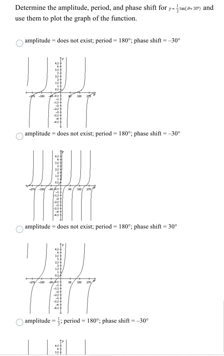 Determine the amplitude, period, and phase shift for y-tan(e+ 30°) and
use them to plot the graph of the function.
amplitude = does not exist; period = 180°; phase shift =–30°
45
4
35
3
25-
2+
15-
1
05+
-90-05
-1+
-15+
-2
-25
-10 -180
s+
90
180
270
amplitude = does not exist; period = 180°; phase shift = -30°
45
4
35
25
2
13
1-
/ -90 0s+
-1-
-15+
-2
-25+
-3+
-270/ -180
90
180/ 270 /
-35-
4.
amplitude = does not exist; period = 180°; phase shift = 30°
45
4
35
3
25+
2+
15+
1
05A
-90 As+
-1+
-15-
-270 -180
90
180
270
-2
-25
amplitude = ; period = 180°; phase shift = -30°
%3D
45
35+
