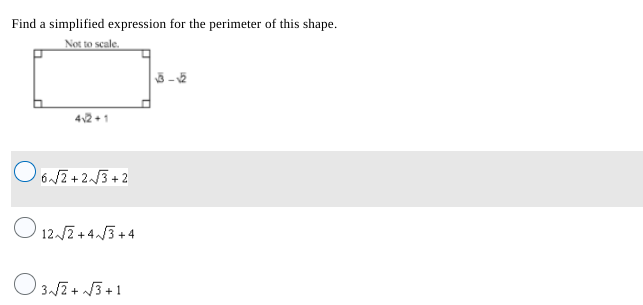 Find a simplified expression for the perimeter of this shape.
Not to scale.
4√2+1
6√√2+2√√3+2
12√√2+4√√3+4
3√2+√3+1
13-12