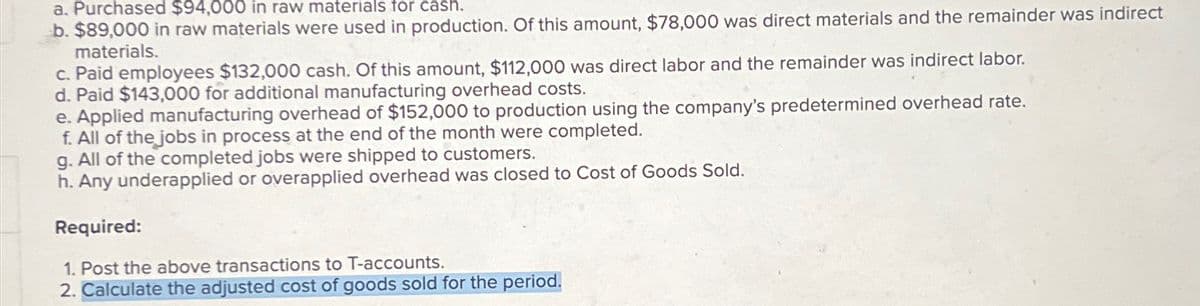 a. Purchased $94,000 in raw materials for cash.
b. $89,000 in raw materials were used in production. Of this amount, $78,000 was direct materials and the remainder was indirect
materials.
c. Paid employees $132,000 cash. Of this amount, $112,000 was direct labor and the remainder was indirect labor.
d. Paid $143,000 for additional manufacturing overhead costs.
e. Applied manufacturing overhead of $152,000 to production using the company's predetermined overhead rate.
f. All of the jobs in process at the end of the month were completed.
g. All of the completed jobs were shipped to customers.
h. Any underapplied or overapplied overhead was closed to Cost of Goods Sold.
Required:
1. Post the above transactions to T-accounts.
2. Calculate the adjusted cost of goods sold for the period.