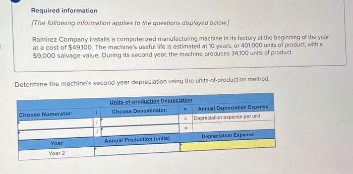 Required information.
[The following information applies to the questions displayed below.]
Ramirez Company installs a computerized manufacturing machine in its factory at the beginning of the year
at a cost of $49,100. The machine's useful life is estimated at 10 years, or 401,000 units of product, with a
$9,000 salvage value. During its second year, the machine produces 34,100 units of product.
Determine the machine's second-year depreciation using the units-of-production method.
Choose Numerator:
Year:
Year 2
Units-of-production Depreciation
Choose Denominator:
Annual Production (units)
=
Annual Depreciation Expense
Depreciation expense per unit
Depreciation Expense