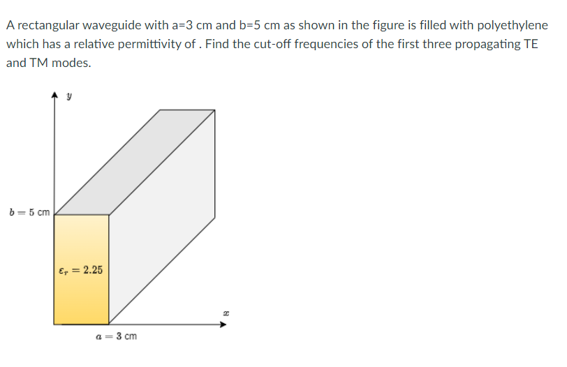 A rectangular waveguide with a=3 cm and b=5 cm as shown in the figure is filled with polyethylene
which has a relative permittivity of . Find the cut-off frequencies of the first three propagating TE
and TM modes.
b = 5 cm
y
€ = 2.25
a = 3 cm
x