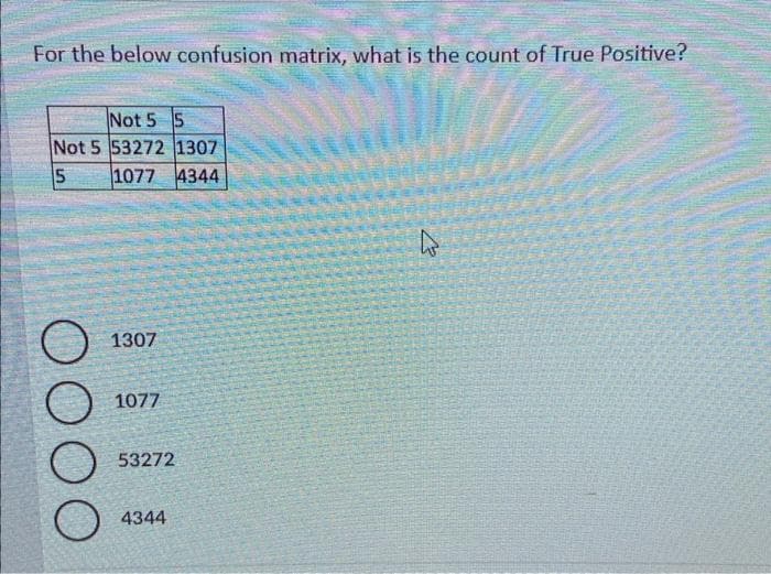 For the below confusion matrix, what is the count of True Positive?
Not 5 5
Not 5 53272 1307
5
1077
4344
O O O O
1307
1077
53272
4344
4