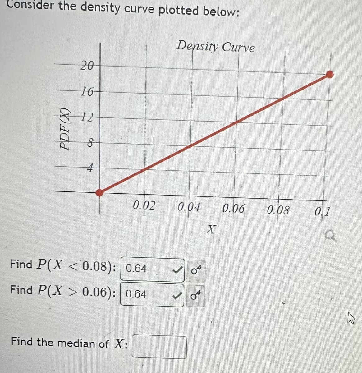 Consider the density curve plotted below:
PDF(X)
20
16
12
Co
8
+
0.02
Find P(X<0.08): 0.64
Find P(X>0.06): 0.64
Find the median of X:
Density Curve
0.04
>
९
OF
X
0.06
0.08
0.1
A
27